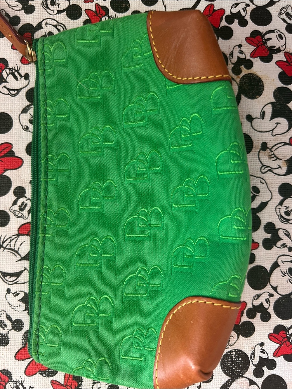 Dooney & Bourke Green Canvas Wristlet with Brown Leather Trim